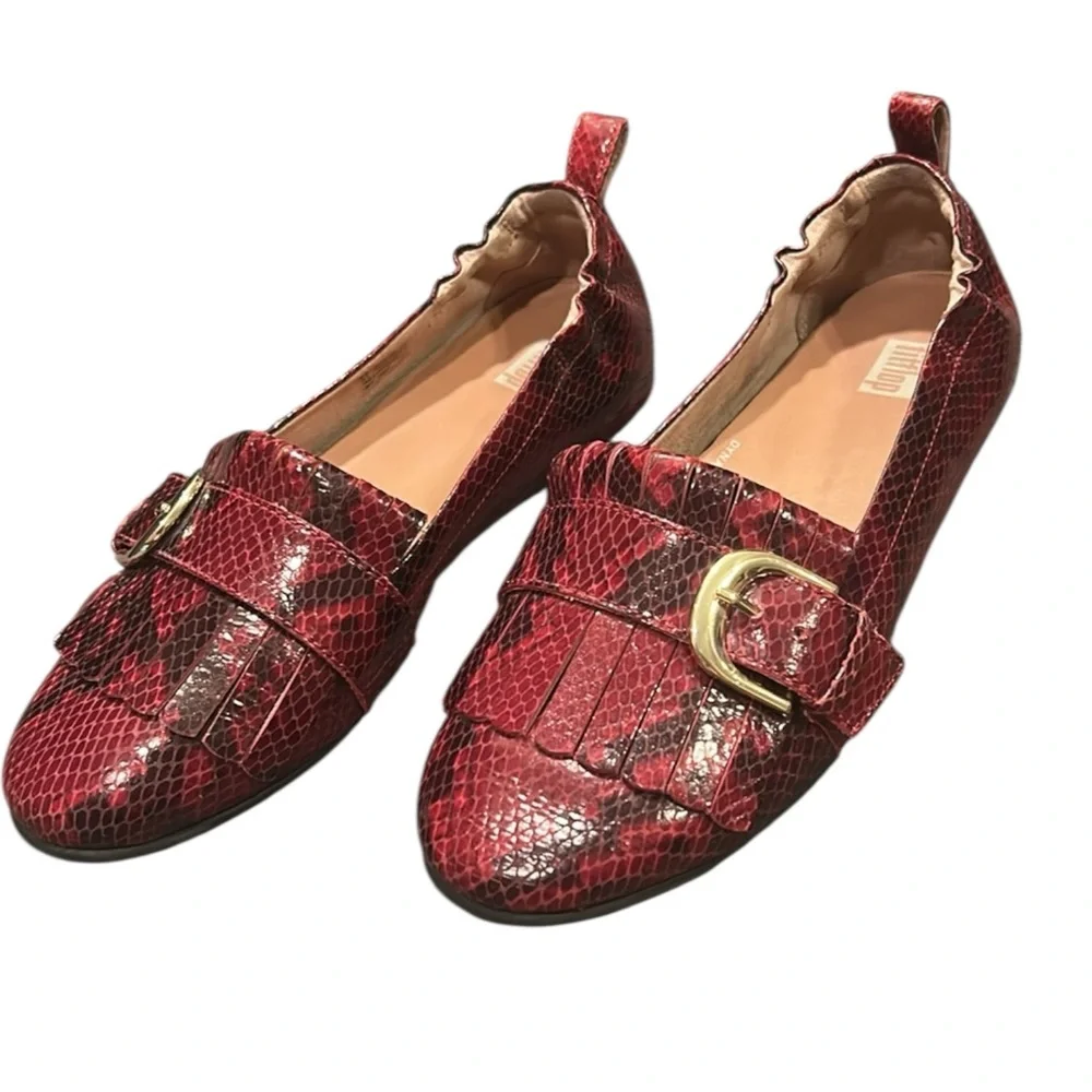 Fitflop Allegro Fringed Buckled Leather Loafer Snakeskin Embossed Red Size 6